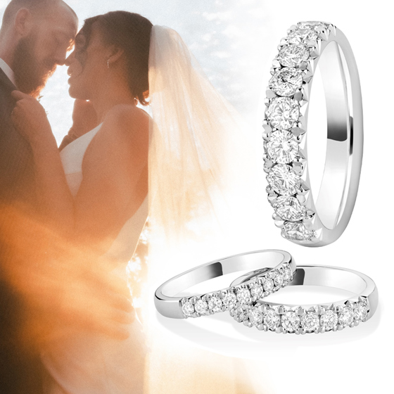 Three Tom Coll Jewellery sterling silver wedding bands with diamonds, with an image of a bride and groom embracing to the left